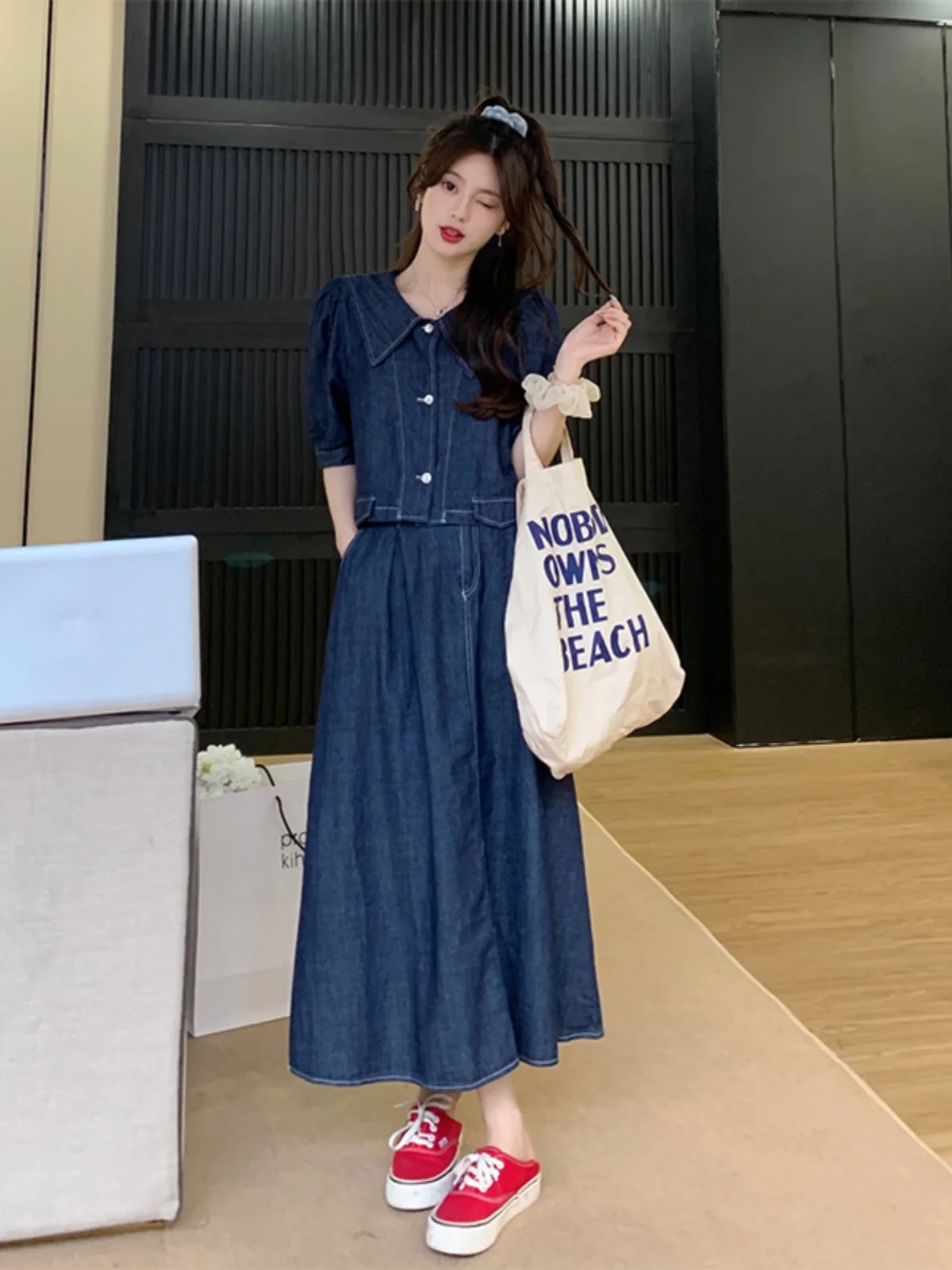 

Chic Women Summer Denim Suit Sailor Collar Single Breasted Top + Ankle Length Skirt Two Piece Set 2023 New Female Streetwear