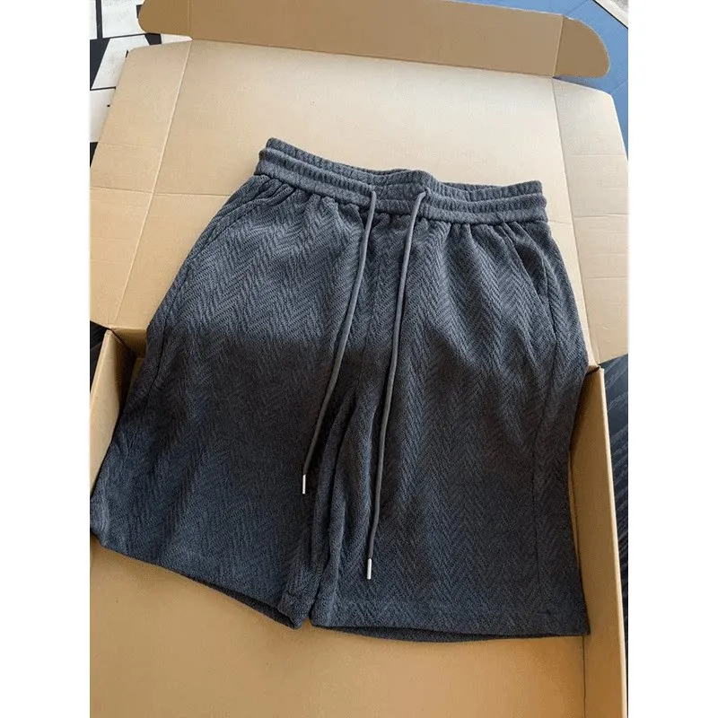 Shorts Men's Stripes Embossed White Bottoms Drawstring Breathable Five-Quarter American Trendy Classic Color Shorts Sweatpants