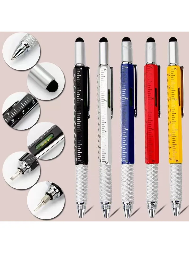 Stylo à bille multiple 7 en 1 avec outil portatif moderne, mesure règle technique, tournevis, stylet pour écran tactile, outils de niveau à bulle