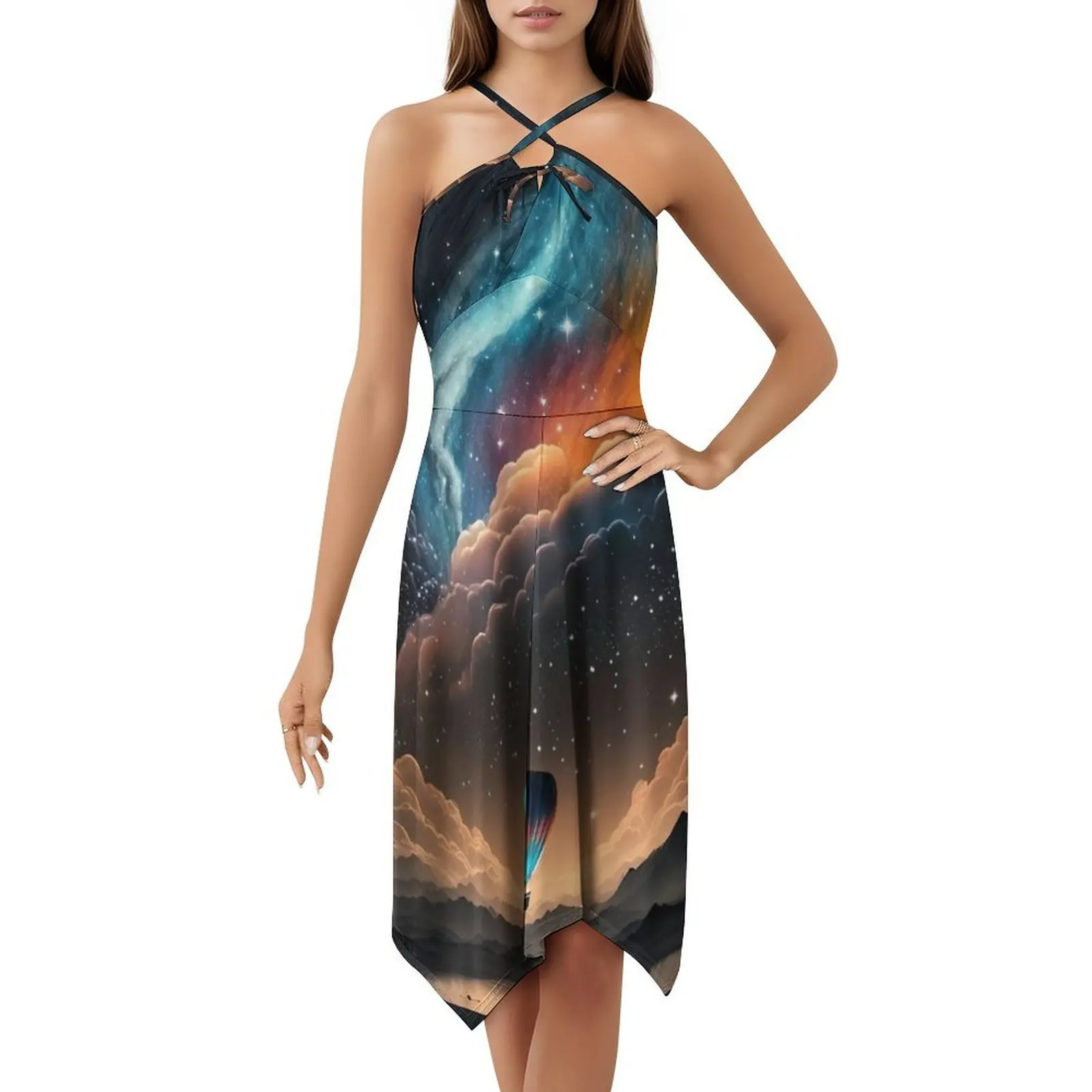 منطاد الهواء الساخن الفن العائمة فوق بحيرة مضاءة النجوم البوهيمي فستان بلا أكمام متعدد الطباعة شاطئ عطلة فستان الحفلات منطاد الهواء الساخن #5