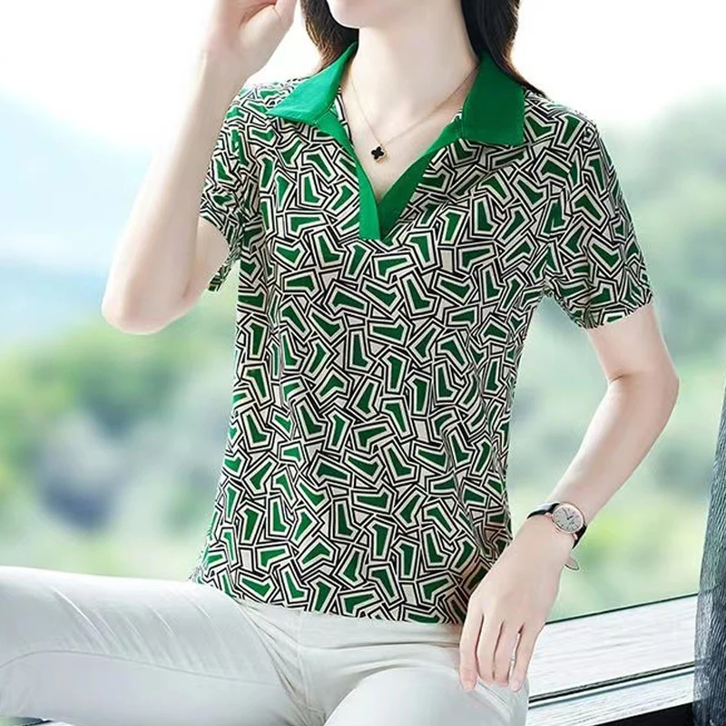 Women Clothing 2024 Summer Korean Fashion Print Patchwork Elegant Polo Collar T-shirt Female Casual Short Sleeve Slim Fit Tops