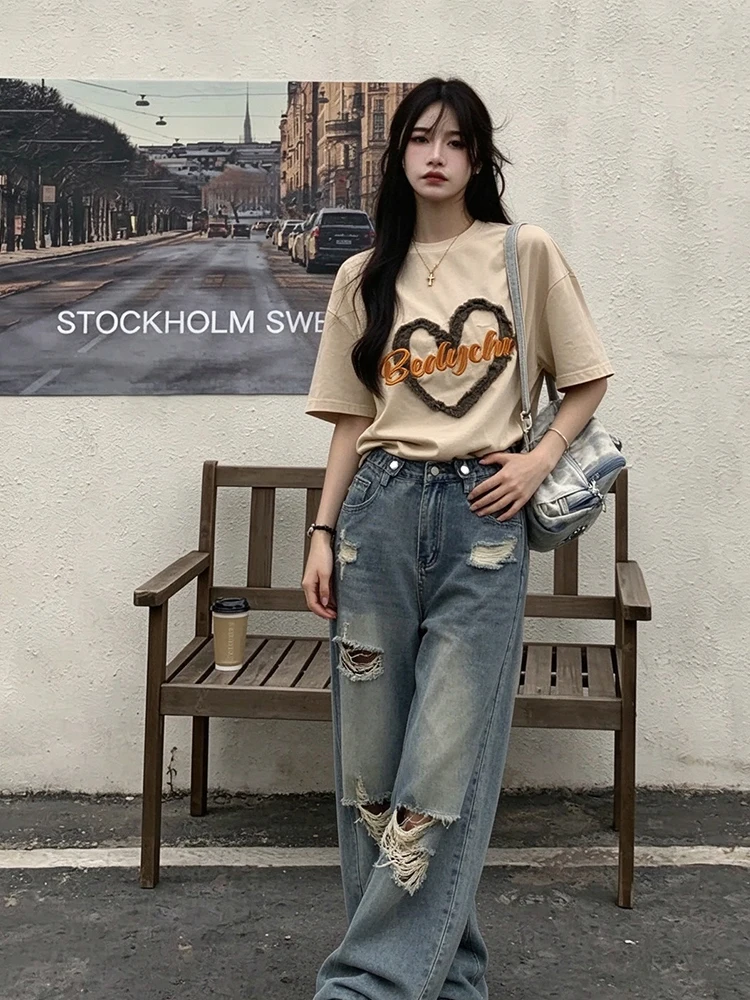 Y2K Ladies High Rise Wide Leg Denim Pants Retro Faded Wash Multi Ripped Destroyed Baggy Jeans Casual Bottoms