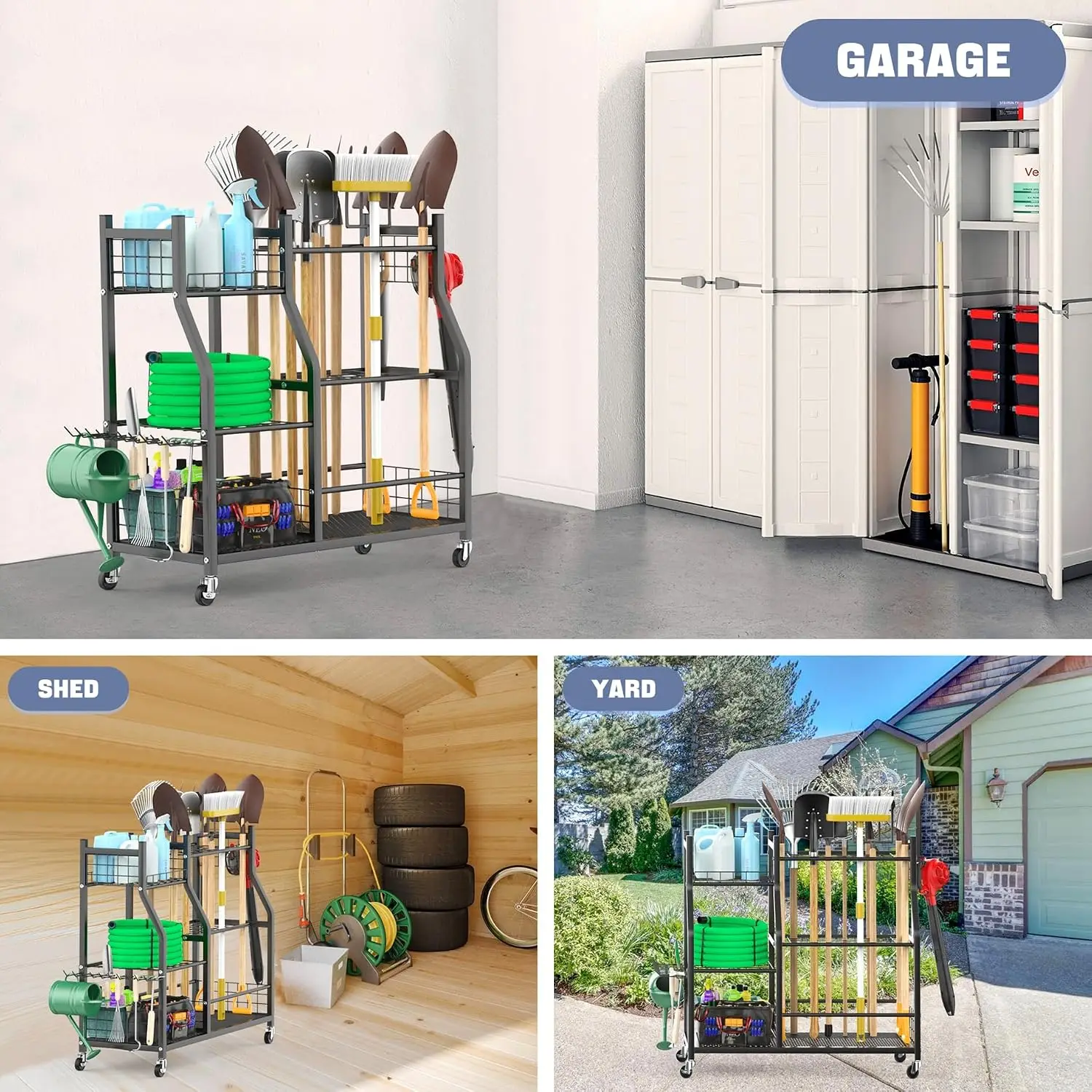 Wheeled Garden Tool Stand Organizer for Rakes, Shovels and Yard Tools