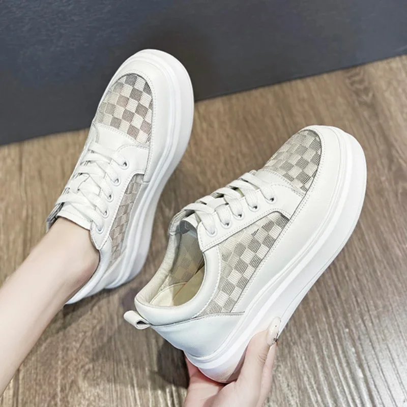 

Krasovki 7cm Air Mesh Genuine Leather Sandals Chunky Sneakers Summer Hollow Women Hidden Heels Platform Wedge Breathable Shoes