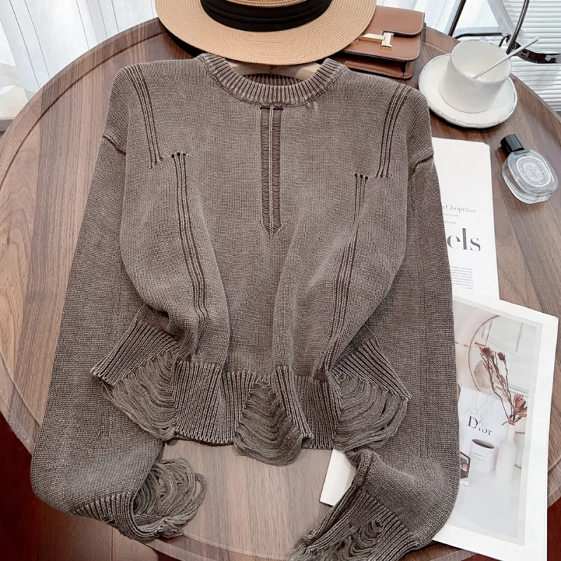 Grey Women Clothing Vintage Knitting Sweater Jacket Brown Cashmere Pullover Long Sleeve Casual Fashion Female Winter Tops