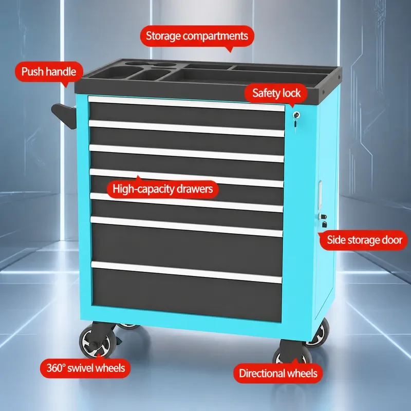 Heavy Duty Auto Repair Tool Cart 7 Drawers Rechargeable Hardware Storage Thickened Mobile Cabinet with Countertop