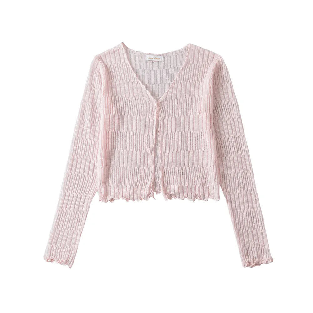 Cardigan lavorato a maglia di seta del ghiaccio con scollo a v scava fuori il Top corto sottile camicia Casual da donna con scialle di protezione