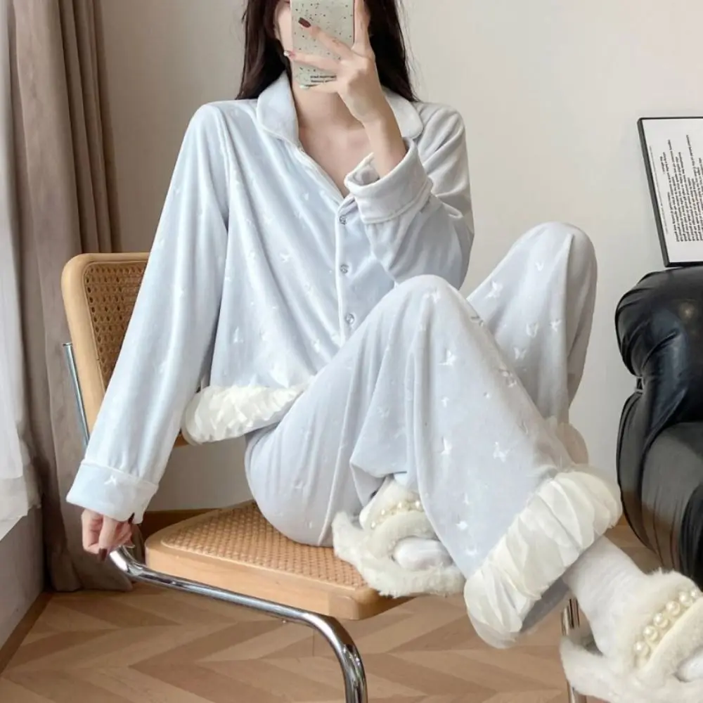 

Ins Long Sleeve Bow Pajamas Set Sweet Winter Velvet Pajamas Suit Casual Home Wear Warm Thicken Sleepwear Women