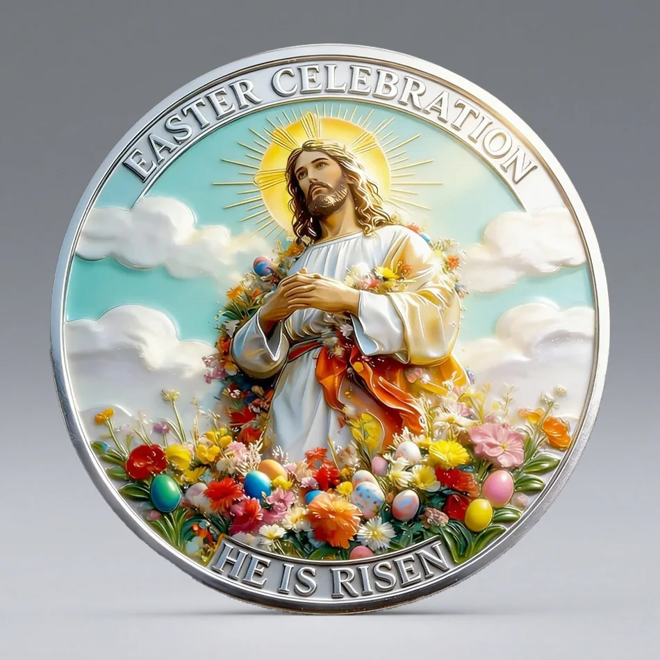 2D UV Jesus Luke 24:6 Silvery Plated Commemorative Coins Faster Celebration Prayer and Faith Souvenir Coin Home Decoration
