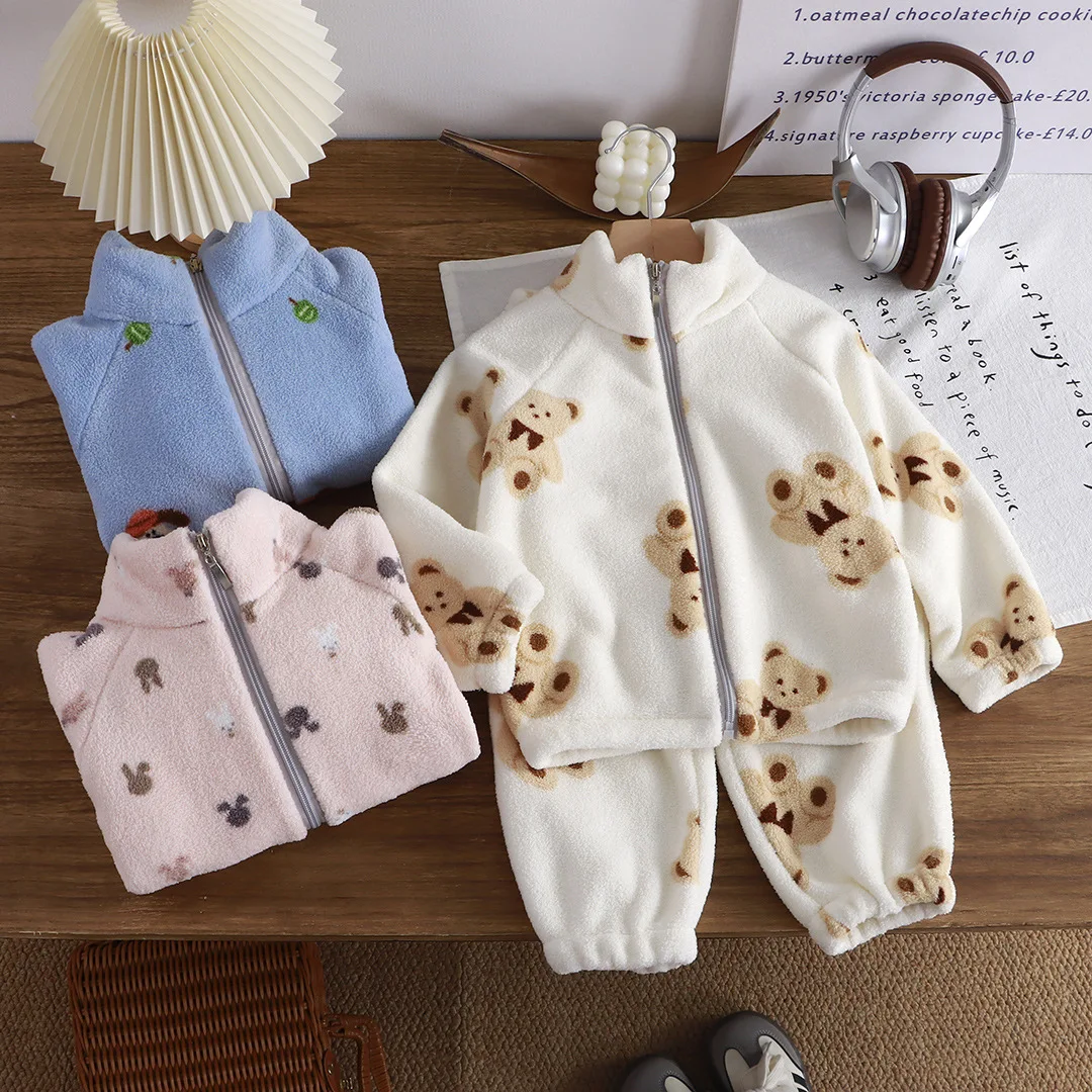 

Autumn Winter Children Girls 2PCS Pajamas Clothes Set Cotton Bear Print Thick Warm Zipper Coat Suits Loose Velvet Pants Outfits