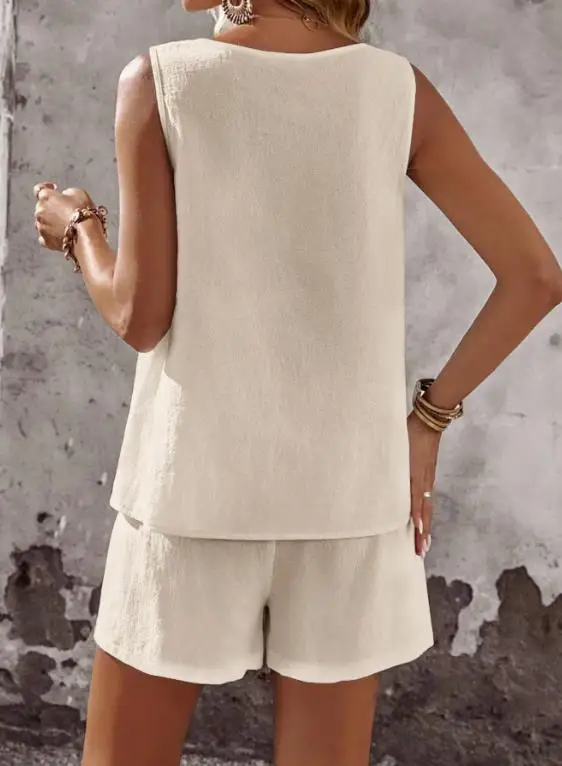 Two Piece Set Women Outfit 2026 Spring Summer New Round Neck Solid Color Loose Sleeveless Vest Top & Casual Daily Shorts Set