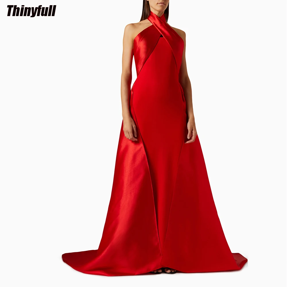 Thinyfull Red Satin Mermaid Prom Dresses Halter Sleeveless Evening Party Gown Outfit Dubai 2024 Formal Occasion Dress