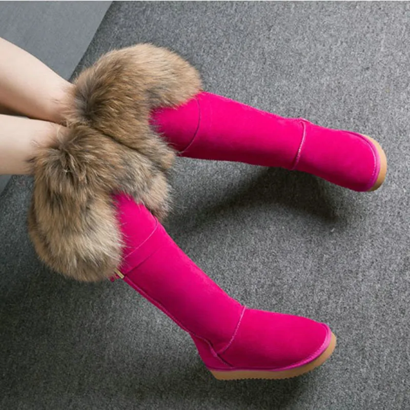 Botas de nieve 100% de piel de zorro y mapache Real para mujer, botas altas y sexys de piel de conejo con borlas de cuero de vaca, impermeables, suela antideslizante, color marrón y negro