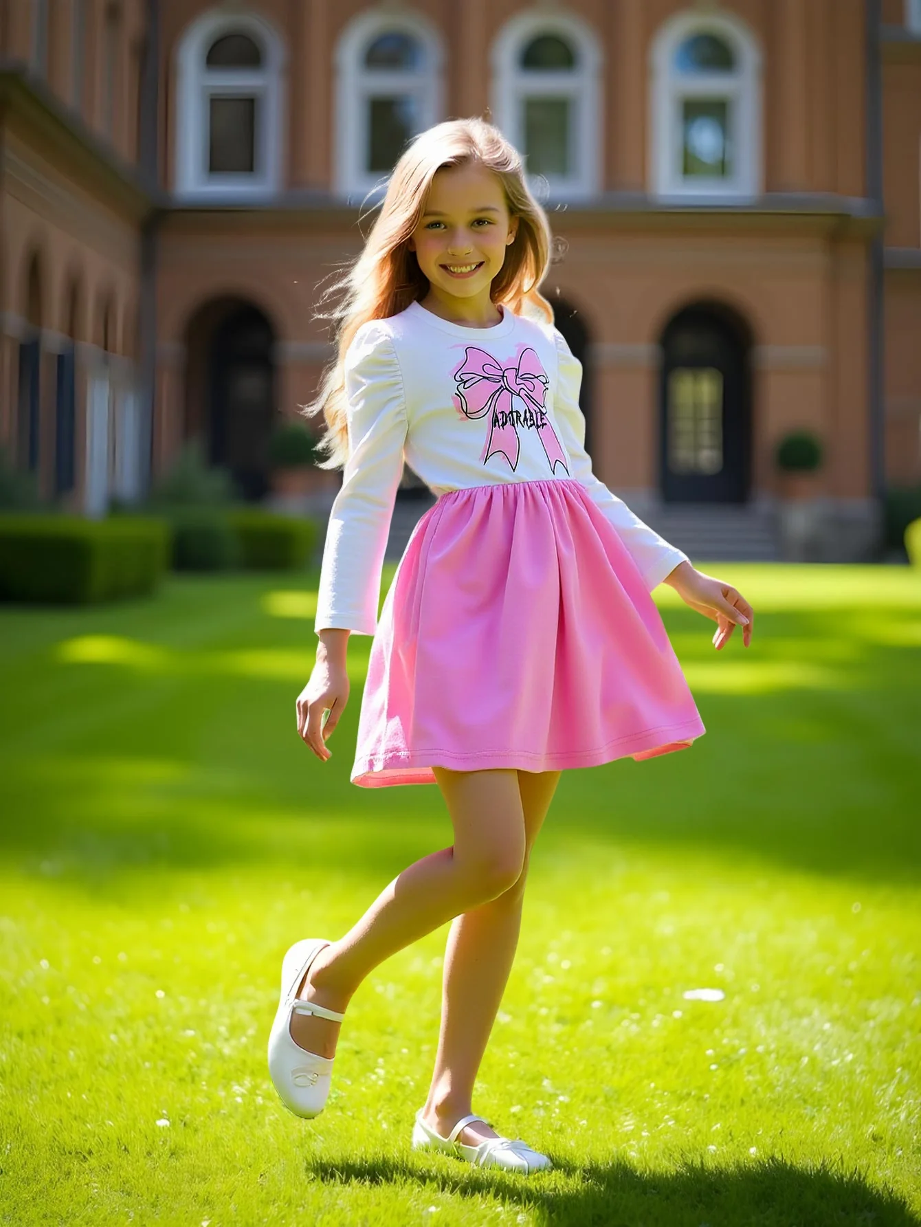 Girls' fashion casual bowknot printed splice color-block skirt hem round neck puffy long sleeve dress autumn