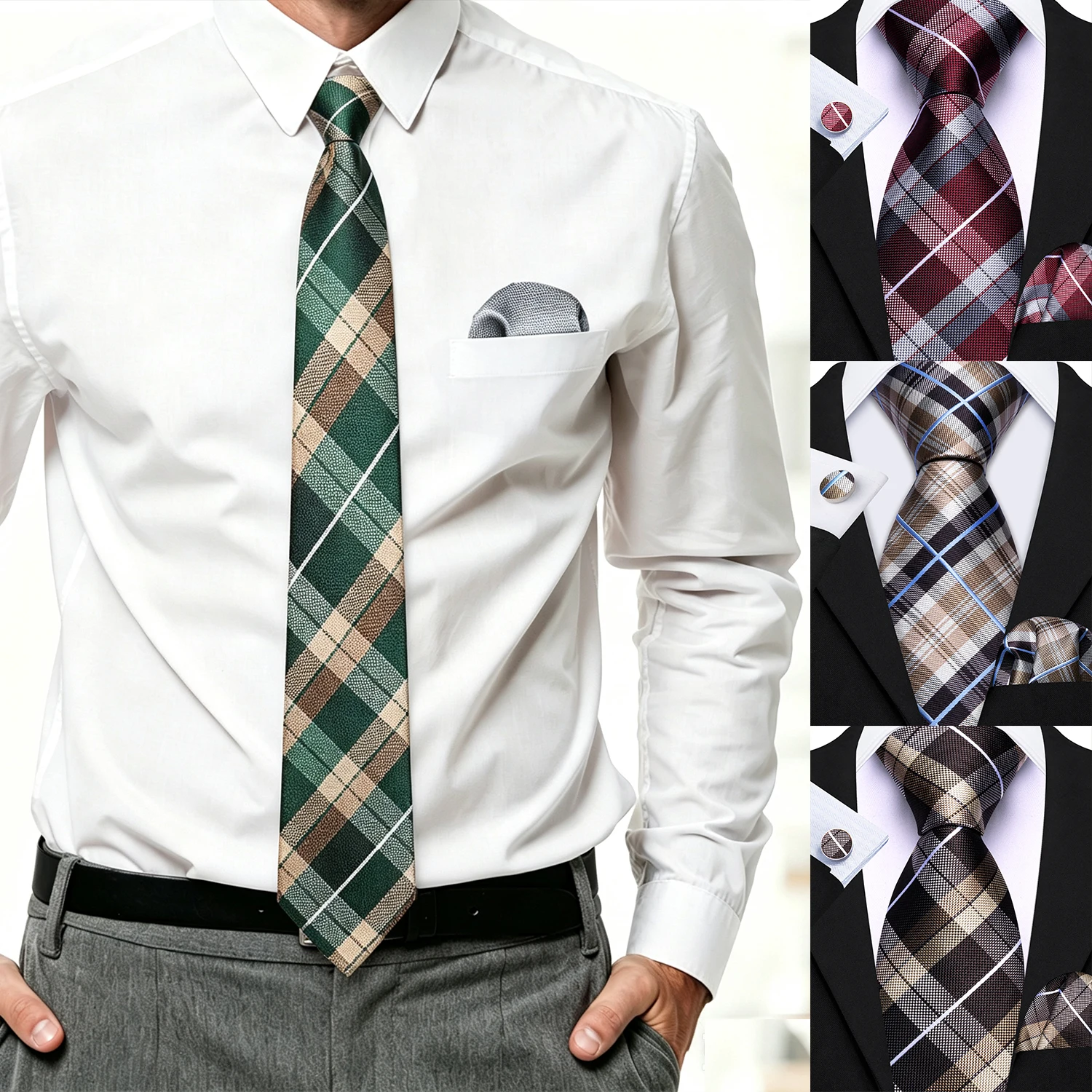 Men Plaid Tie Set Woven Necktie Pocket Square Cufflinks Classic Check 3 Pieces Formal Suit Accessory for Wedding Business Party