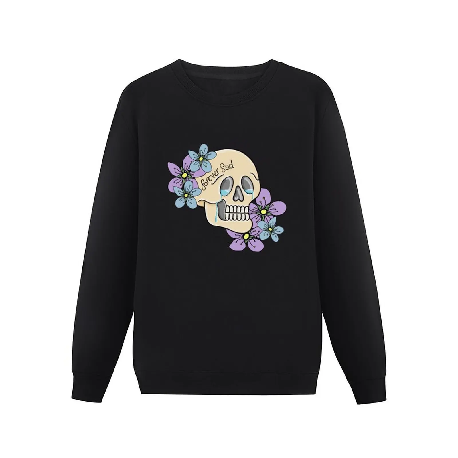 Traditional Skull, Crying Skull, Purple and Blue Flowers, Floral Skull Pullover Hoodie men's clothes men wear new sweatshirts