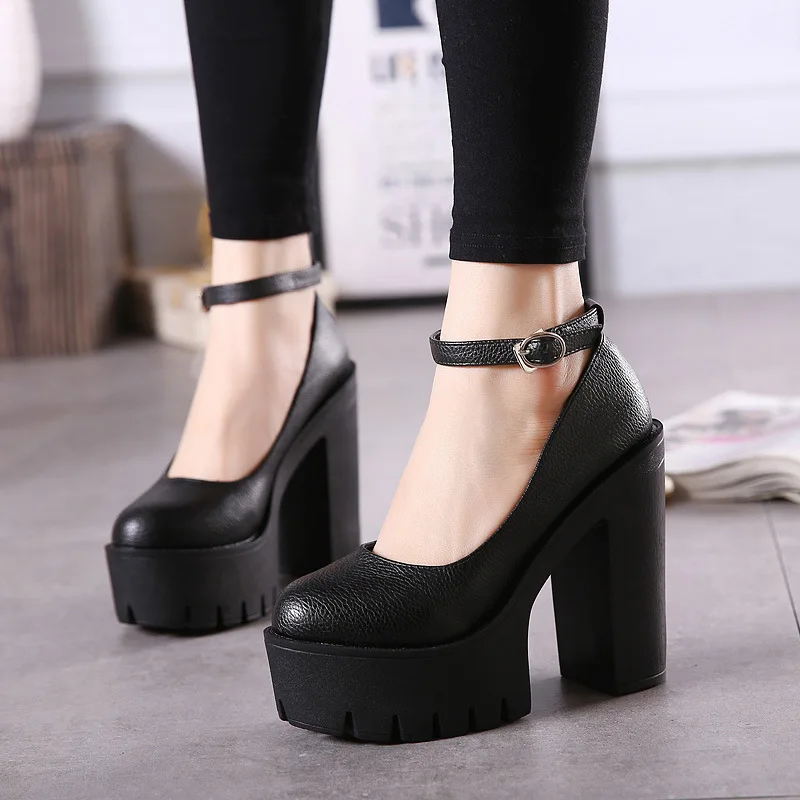 Women Pumps Mary Janes 14cm Chunky High Heels Platform Women\'s Shoes Sexy Black White Ankle Strap Plus Size 43 Party Dress Shoes