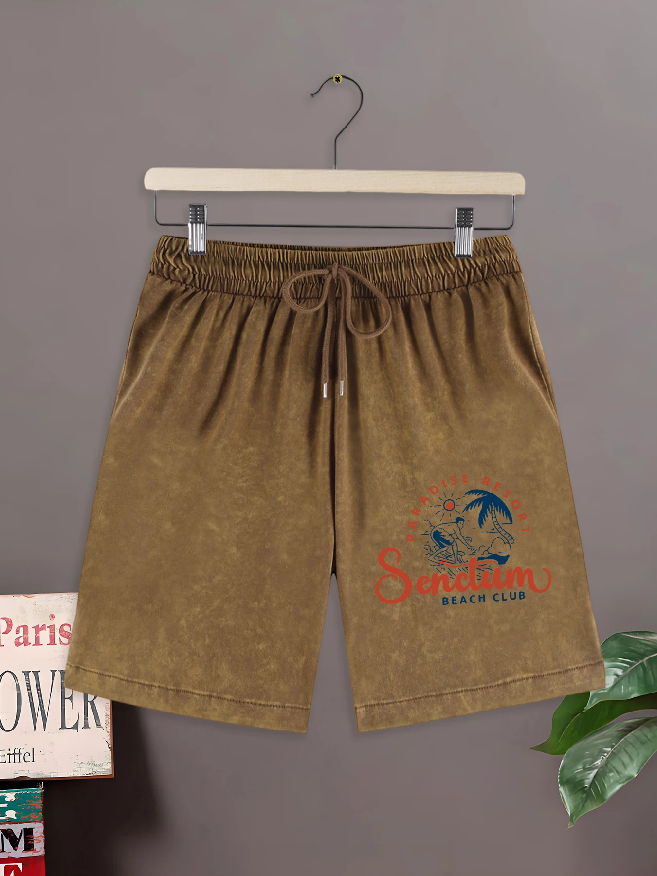 

Beach Club Paradise Resort Surf Print Summer Washed Bottom Mens Simple Cotton Shorts Retro Office Sportpants Sport Short Pant