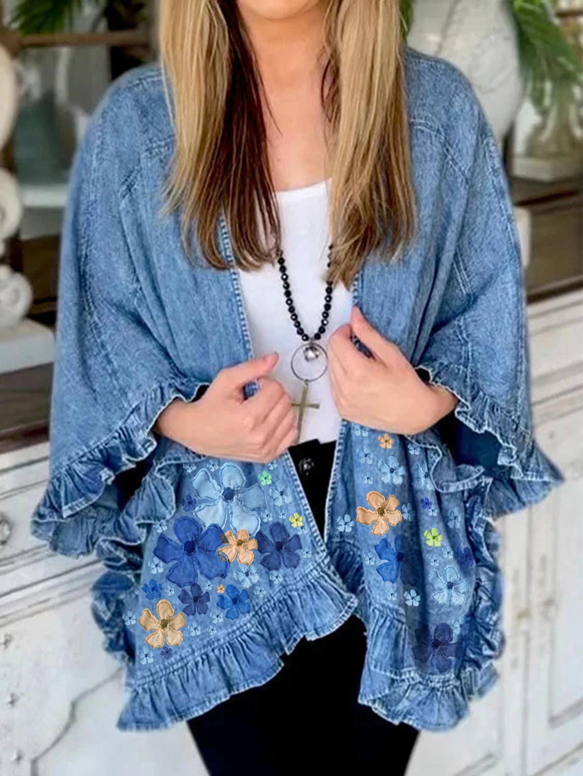 Vintage Cute Solid Splicing Pocket Denim Jacket Female Fashion Streetwear Lapel 3/4 Sleeves Ruffle Cardigan Loose Women Coat