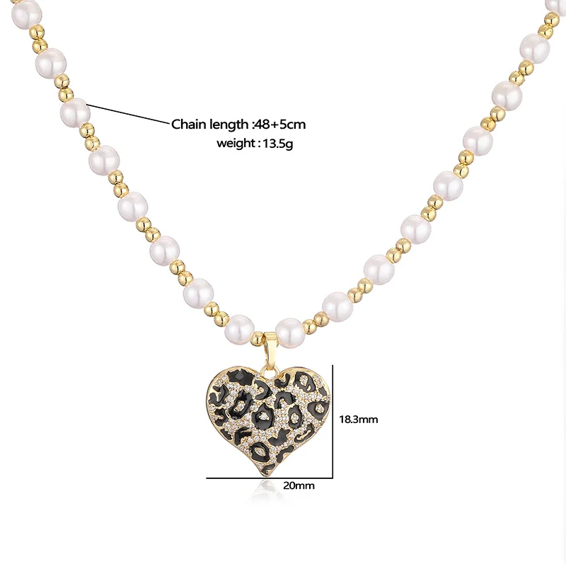 HECHENG Artificial Pearls Beaded Necklace 18K Golden Plated CZ Gemstone Heart Leopard Dot Pendant Necklace Ladies Jewellery