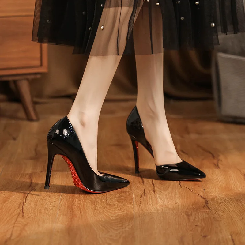 

New 2025 Autumn Black Patent Leather Pointed Women's High Heels Sexy Women's Dresses Slim High Heels Shoes for Women