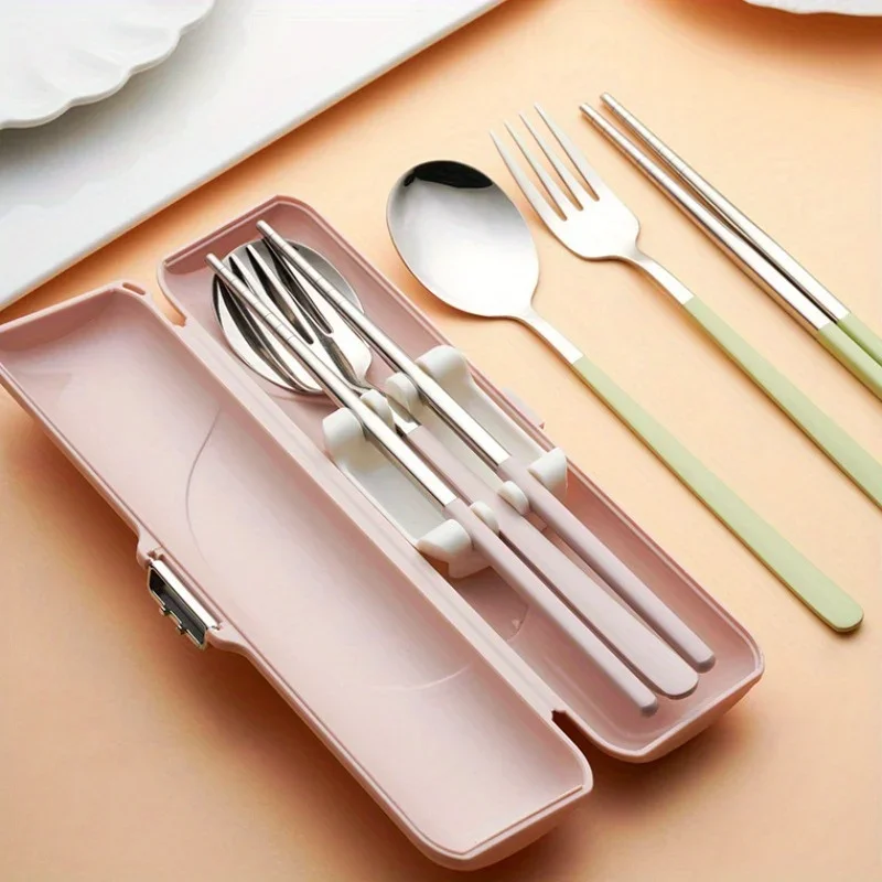 

3pcs Stainless Steel Portable Cutlery Set Spoon Fork Chopsticks Storage Box New year Gift Travel Set for Outdoor,Picnic,School