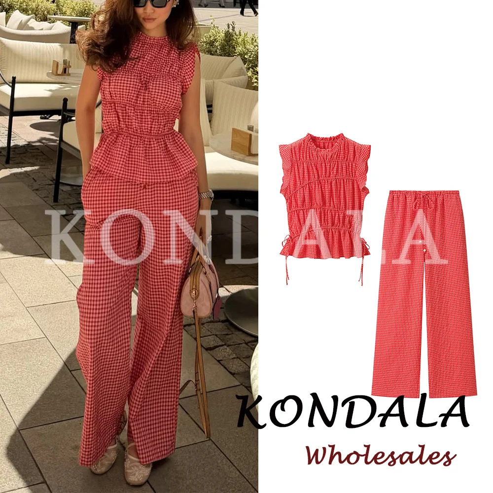 KONDALA Chic Fashion 2026 Sommer Lässiger Damen Karo-Anzug mit Plissee-Rüschenweste und weitem Hosenbein mit Kordelzug – Eleganter Damenanzug