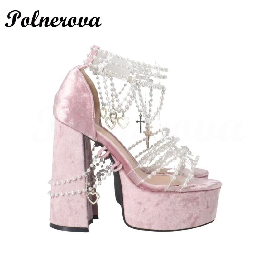 Pink Suede Pearl Sandal Cross Heart Drop Velvet Platform High Heel Chunky Heels Sandal Party Shoes Luxury Brand Runway Shoes