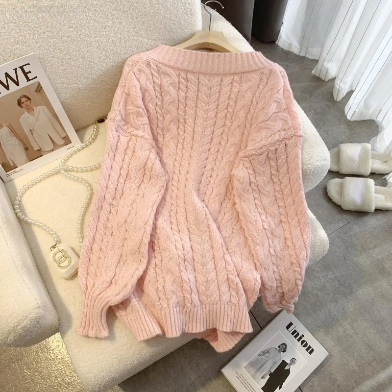 Autumn Winter Jumper Women Loose V-neck Bow Long Sleeve Sweater Pullover Womens Clothes Sweet Warm Pink Knitted Female Top 2024