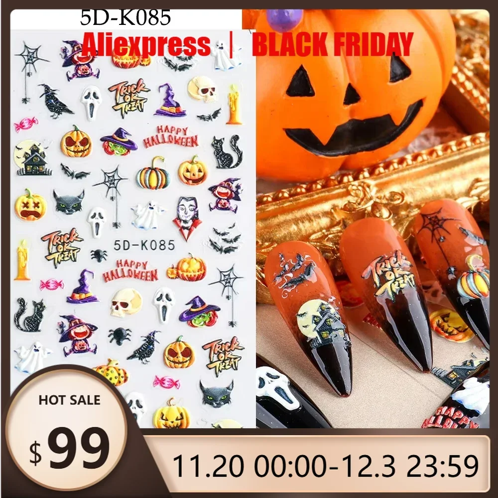 

5D наклейки для дизайна ногтей на Хэллоуин с тиснением тыквы и черепа, мультфильмы, летучая мышь, кружевная нашивка для ногтей для праздничного маникюра, ногти на Хэллоуин
