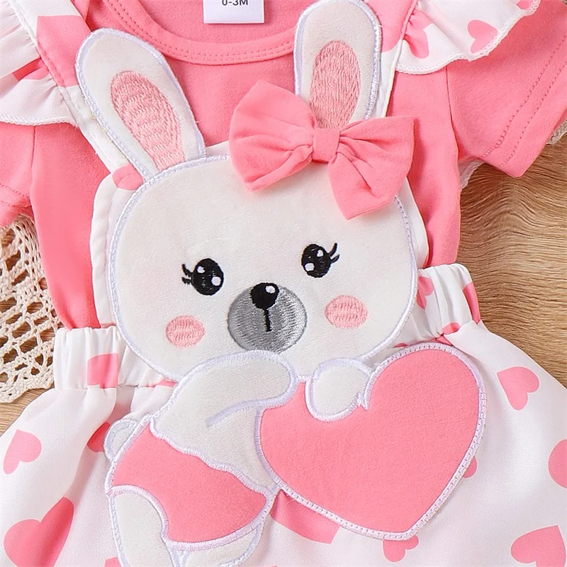 Cute Baby Girls Summer Outfits Short Sleeve Romper Heart Print Suspender Skirts Headband Sets Newborn Infant Clothes Set