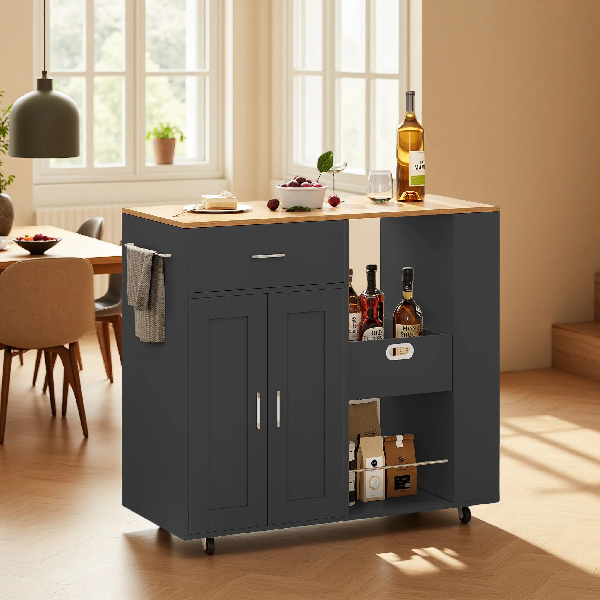 Rosahqnda chariot de cuisine avec plan de travail, armoire de cuisine à roulettes, armoire d'îlot de cuisine mobile, chariot de service avec 1 tiroir