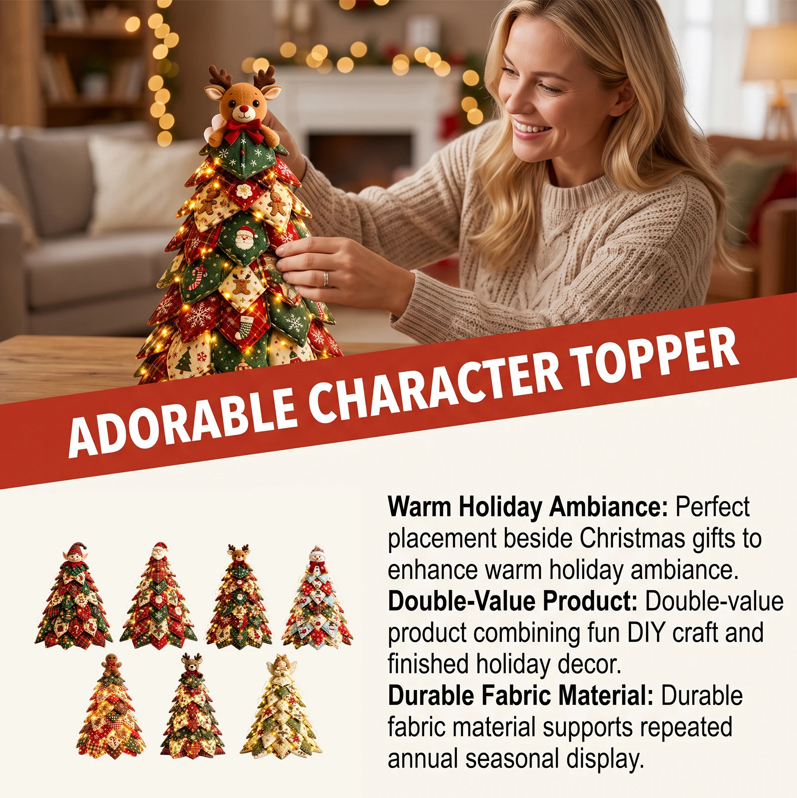 Vintage DIY Quilted Christmas Tree Kit 3D Tabletop Sewing Craft Kit Santa Fabric Patchwork Material Pack Holiday Table Ornament