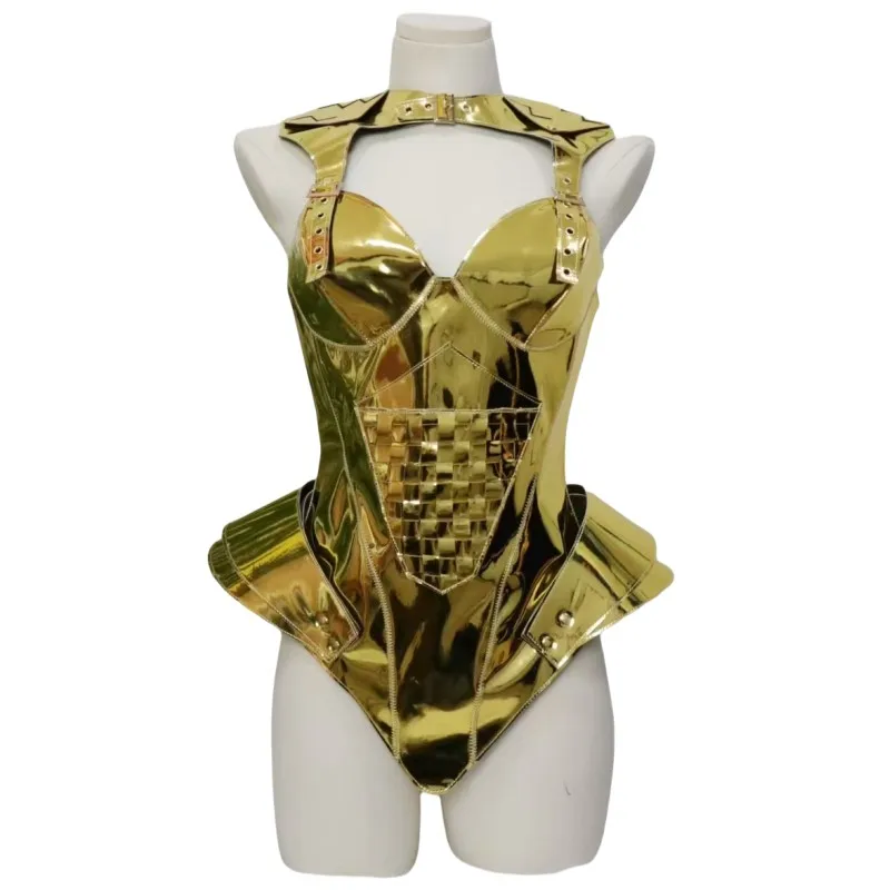 

Золотое лазерное кожаное платье для выступлений, сексуальная сценическая одежда, женская ведущая танцевальная команда, певица, ночной клуб, Drag Queen, карнавальный костюм