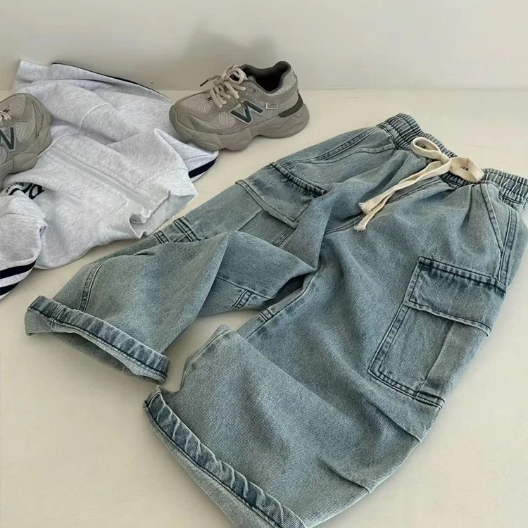 

Spring Autumn Children Boy Denim Pants Cotton Drawstring Side Pocket Baby Boys Wide Leg Pants Solid Elastic Waist Kids Boy Jeans