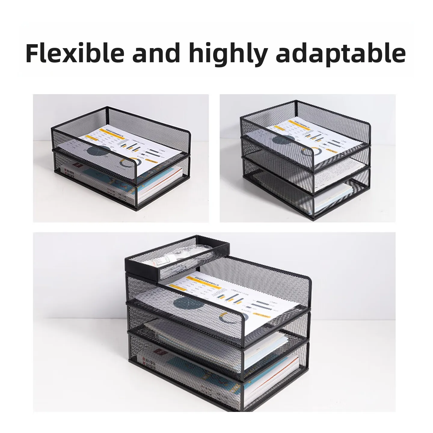 4 Plus 1 Tier Metal File Organizer with Rounded Corners Strong Black Frame Vertical Document Rack for Neat Desktop Paperwork