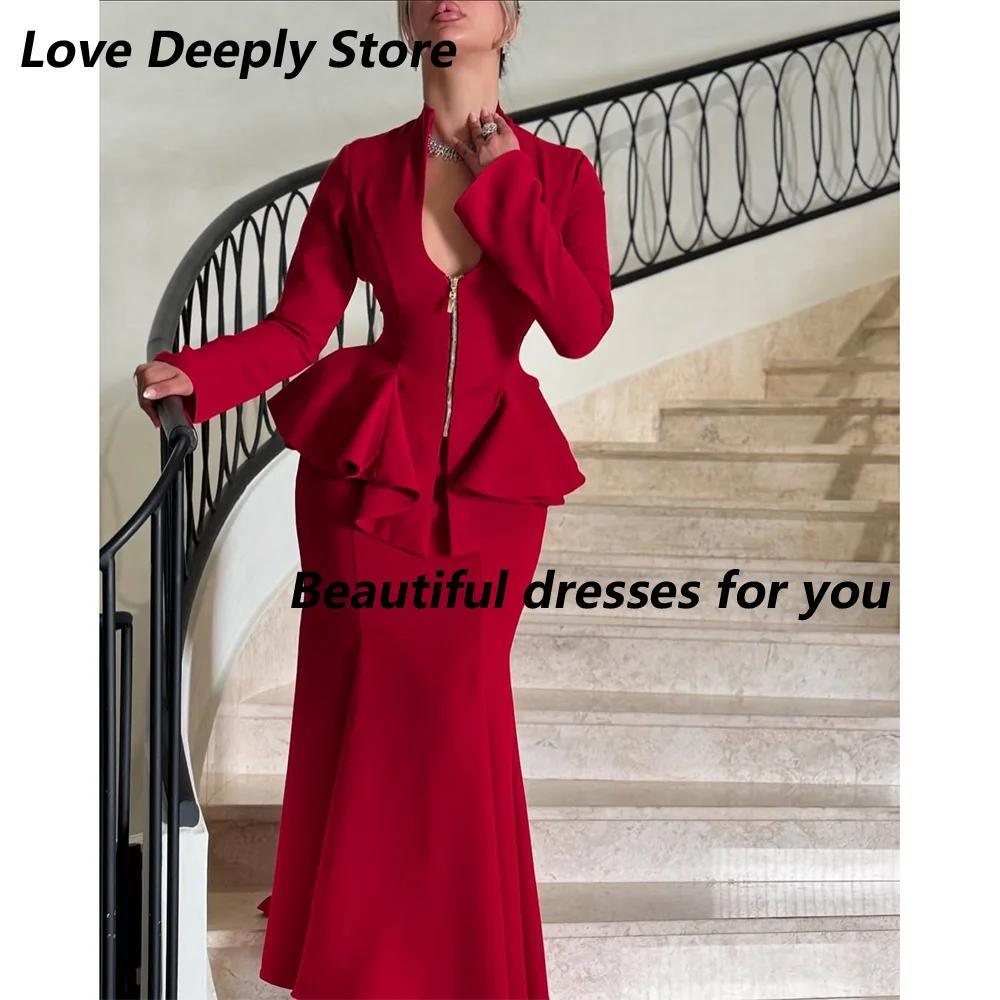

Evening Dress Red Long Sleeves Mermaid Elegant Women's Evening Gowns 2025 Ankle Length Modern Wedding Guest Dresses Customized