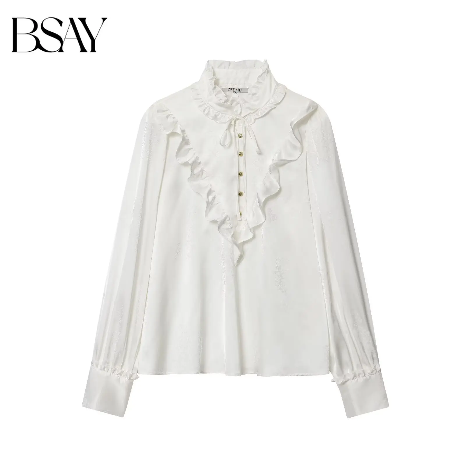 

BSAY White Jacquard Satin Shirt for Women Fashion Autumn Winter Single-breasted Blouse Street Clothing Shirts Chic Ladies Top