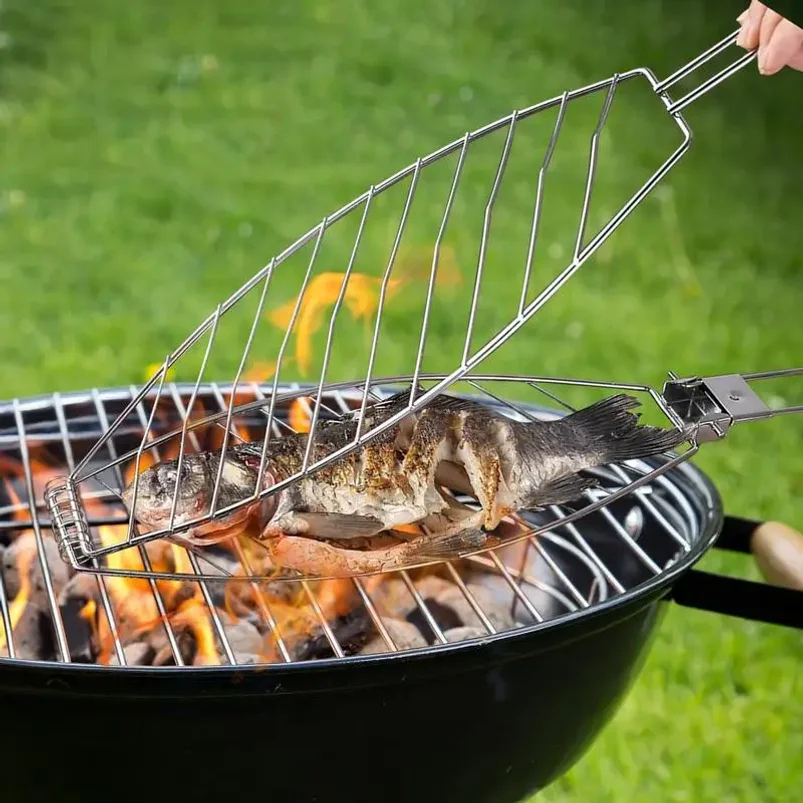 BBQ Grilling Basket Foldable Large Grilling Rack For Fish Portable Wear-Resistant Fish Grill Basket Anti-Scalding Grill Basket