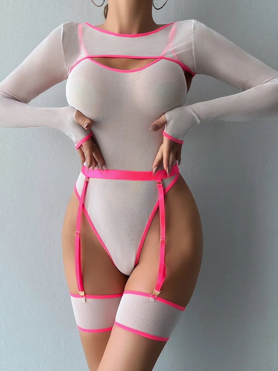 Elastic Mesh Perspective Contrasting Color Outer Cover With Long Sleeves And Camisole Jumpsuit Thin Yarn Bodysuits Women's FPL5