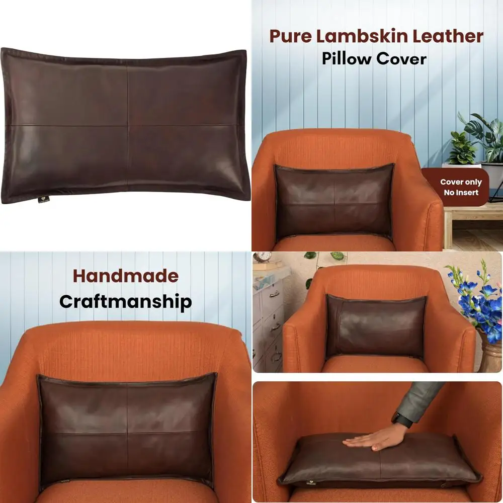

100% Lambskin Leather Pillow Cover - Sofa Cushion Case - Decorative Throw Covers for Living Room & Bedroom, Brown