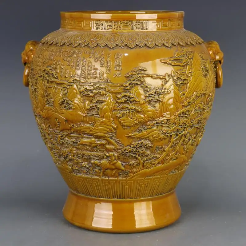 Qing Qianlong handmade antique yellow glaze landscape pattern large carving garden pot Jingdezhen handmade ceramic handicrafts