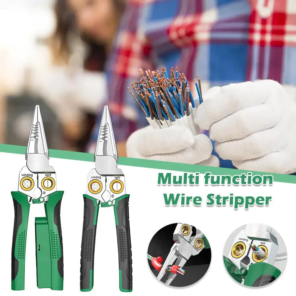 

7.5In Stainless Wire Stripping Pliers Multifunctio Electrician Cable Cutting Terminal Crimping Splitting Winding Line Hand Tool