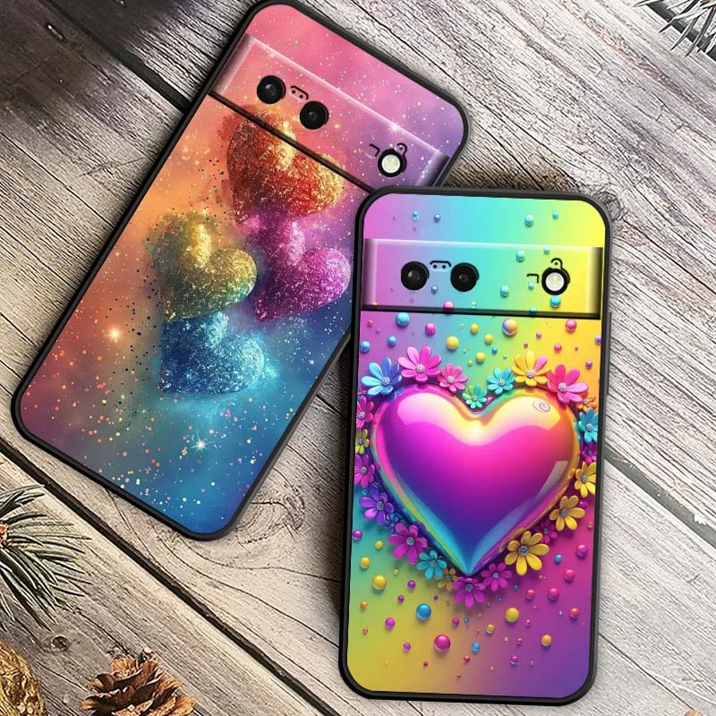 الترتر اللون الفن الحب القلب قضية الهاتف لجوجل بكسل 9a 9 8A 8 7 7A 6 6A برو XL 2024 5G أسود لينة غطاء سيليكون بولي يوريثان #2