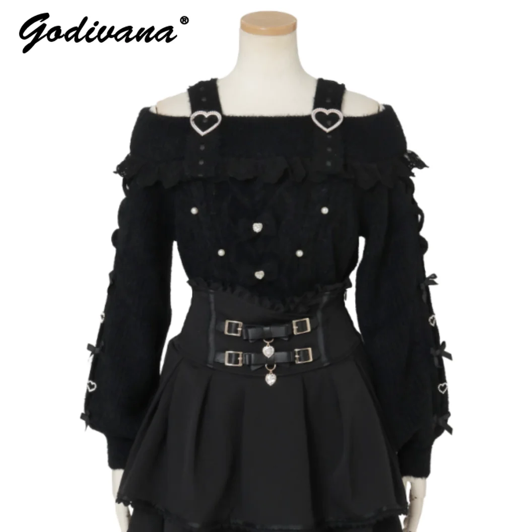 2025 الخريف والشتاء غامض حجر الراين القلب زر القوس محبوك سترة اليابانية ليز الحلو حمالة البلوز البلوزات #1