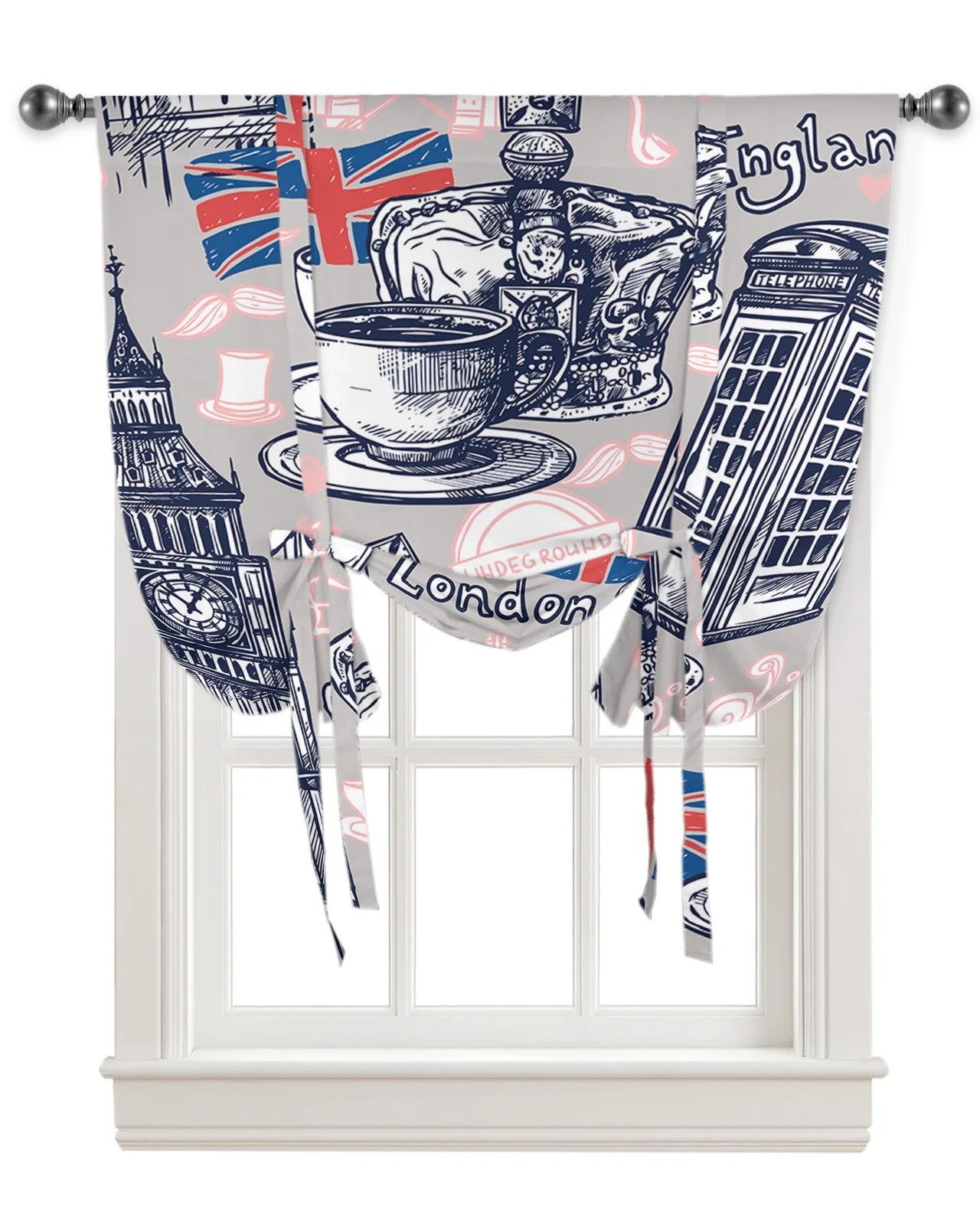 London Big Ben Coffee Union Jack Window Curtain for Living Room Roman Curtains for Kitchen Cafe Tie Up Short Drapes