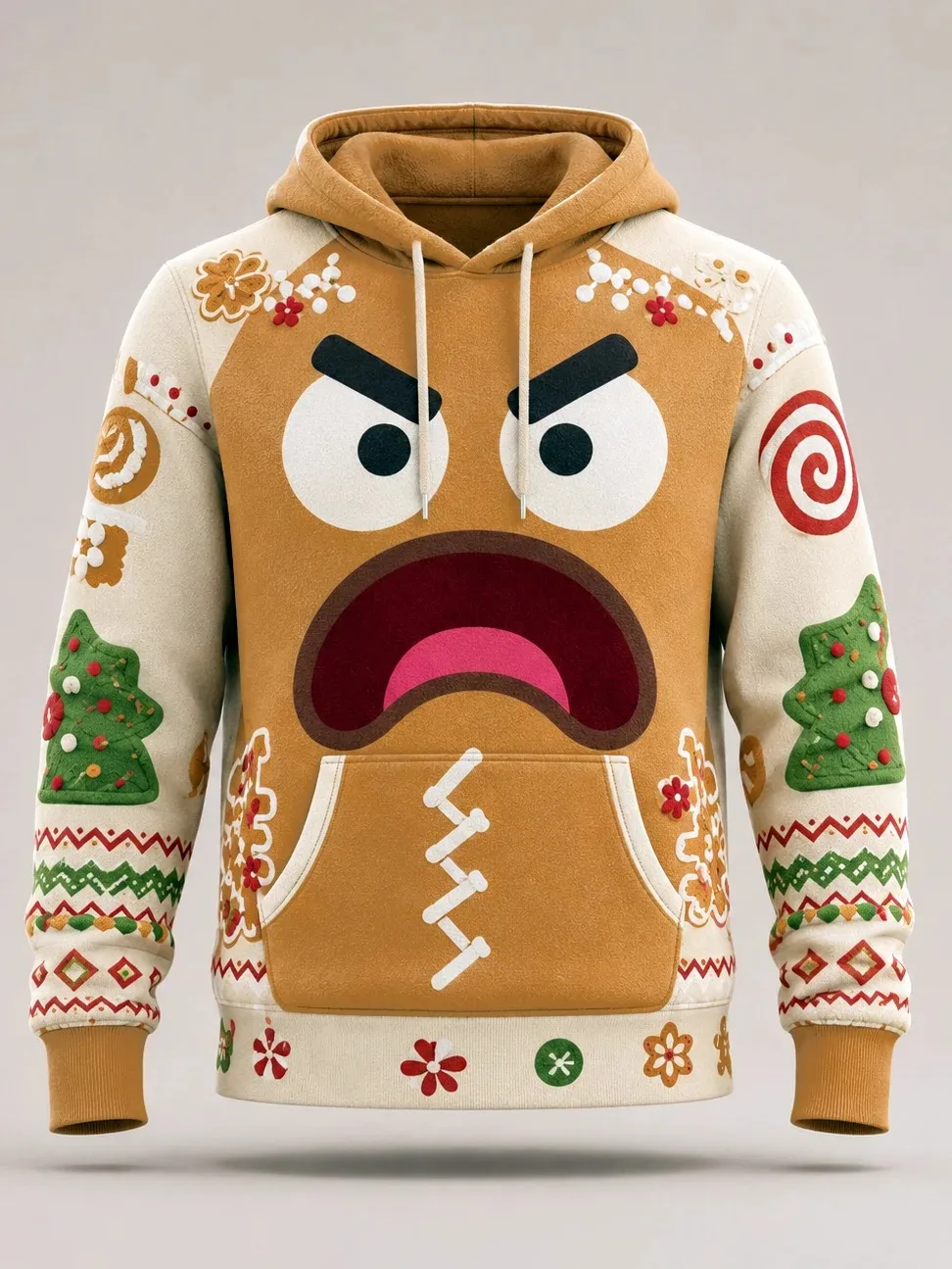 Unisex 3D Printed Hoodie Angry Gingerbread Man Christmas Pullover Long Sleeve Casual Holiday Sweatshirt Men Women Street Top