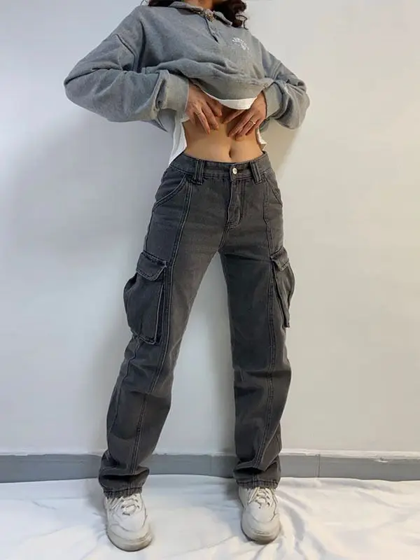 

New Cargo Straight Wide Street Zipper Pocket Button Daily Long JeansLeg Jeans High Waist Retro Cargo Pants women jeans