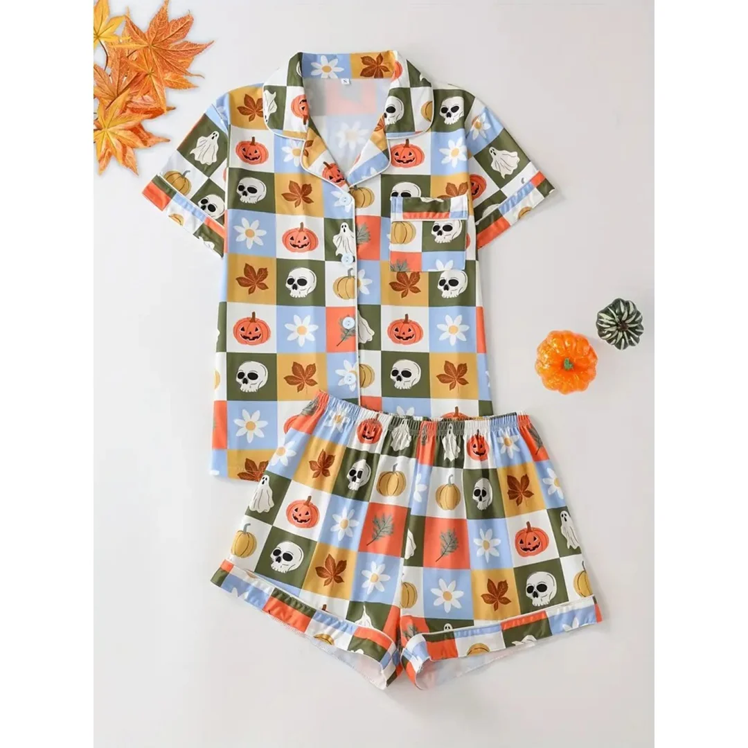 Halloween Themed Skeleton Pumpkin Pajamas Set for Women Loungewear Summer Home Wear with Lapels Short Sleeves and Shorts Pants