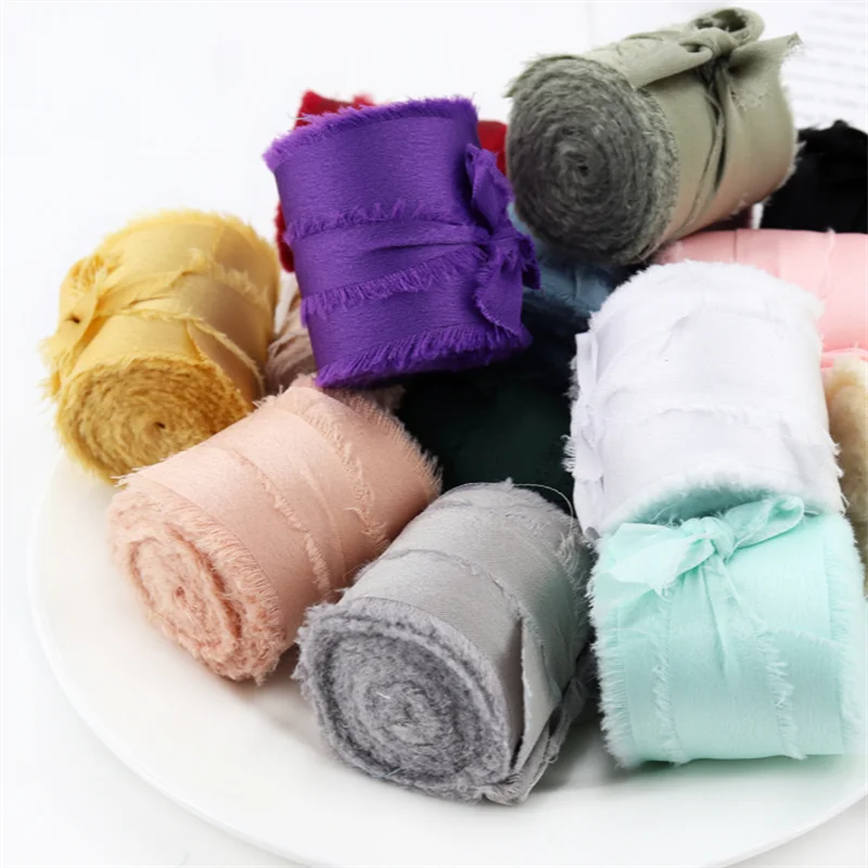 DIY Wedding Ribbon Handmade Frayed Edged Chiffon ribbon for packaging Gift Box Wrapping grosgrain Fringe Ribbon Crafts Christmas